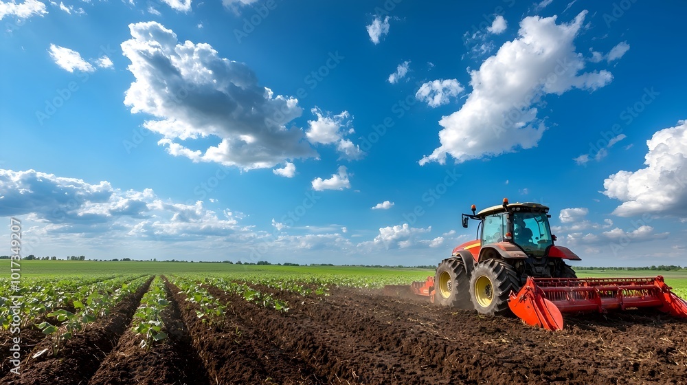 Obraz premium Expansive farmland with a harvester and tractors working in unison to efficiently harvest a bountiful potato crop under a bright picturesque sky with fluffy white clouds