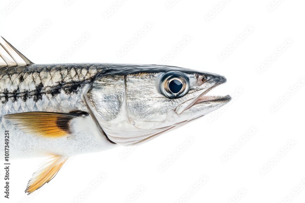 the beside view Sawtooth Barracuda, left side view, white copy space on right, Isolated on White Background the beside view Sawtooth Barracuda, left side view, white copy space on right, Isolated on White Background