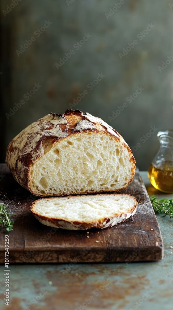 Freshly baked rustic bread with olive oil on a wooden board, showcasing a home-cooked meal preparation Freshly baked rustic bread with olive oil on a wooden board, showcasing a home-cooked meal preparation