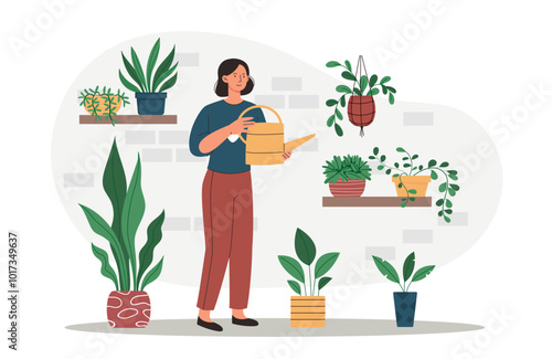 Woman water plants. Young girl with watering can near flower pots with tropical leaves. Botany and horticulture, gardening indoors. Flat vector illustration isolated on white background