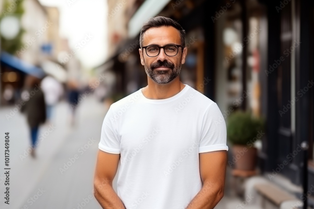 Portrait of a middle-aged man with glasses and a white T-shirt on a city street Portrait of a middle-aged man with glasses and a white T-shirt on a city street