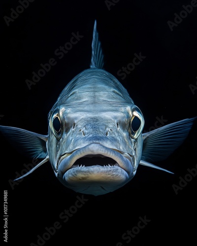 the Pickhandle Barracuda, portrait view, white copy space on right, Isolated on black Background photo