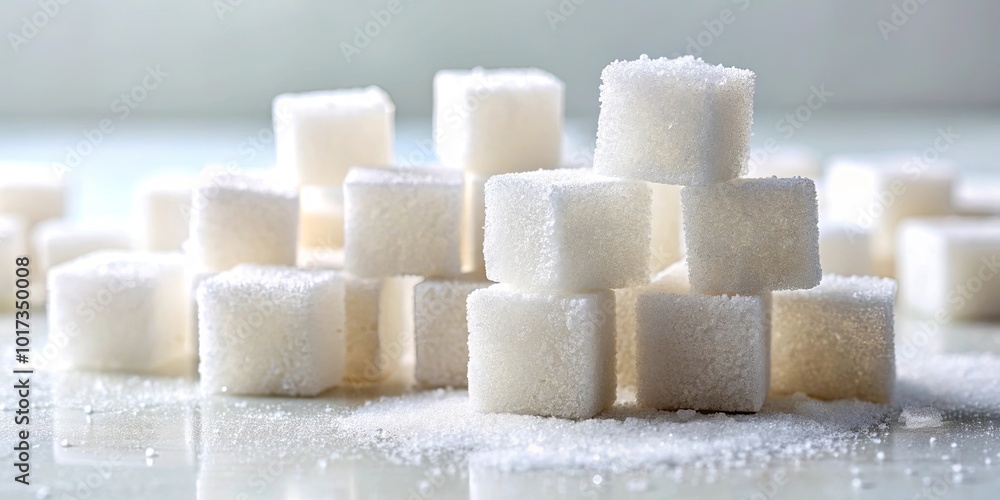 A close-up view of white sugar cubes arranged in a pyramid shape, with a scattering of granulated sugar surrounding them, creating a delicate and textural scene. A close-up view of white sugar cubes arranged in a pyramid shape, with a scattering of granulated sugar surrounding them, creating a delicate and textural scene.