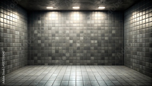 A dimly lit, tiled room, illuminated by overhead lights, creating a minimalist and austere aesthetic.
