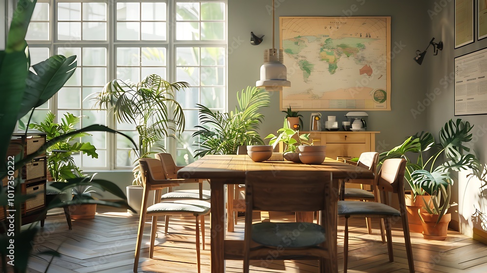 Interior of modern dining room with green walls, wooden floor and green plants Interior of modern dining room with green walls, wooden floor and green plants