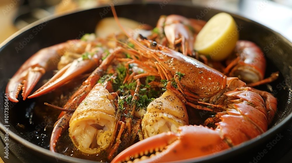 Close-up of a Delicious Lobster Dish with Lemon and Herbs Close-up of a Delicious Lobster Dish with Lemon and Herbs
