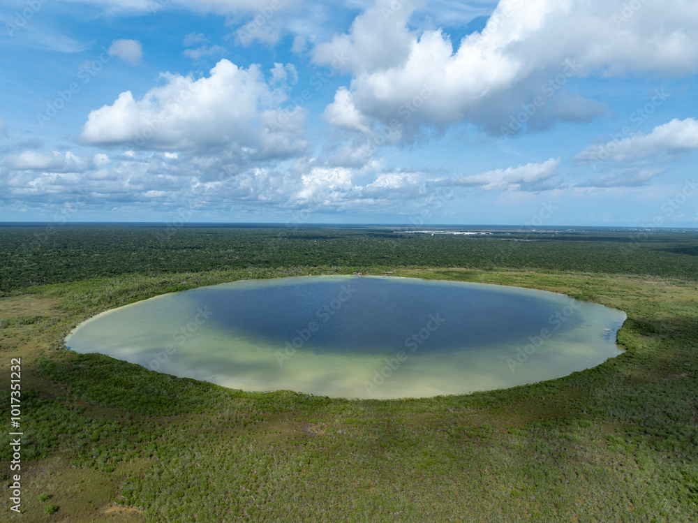 Laguna Kaan Luum aerial view. Located just outside Tulum Mexico is a lagoon with shallow clear waters popular among locals and tourists alike.