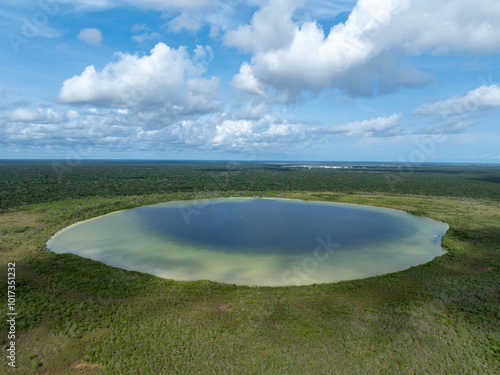 Obraz na płótnie Laguna Kaan Luum aerial view. Located just outside Tulum Mexico is a lagoon with shallow clear waters popular among locals and tourists alike. w salonie