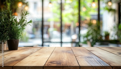 Empty wooden table with blurred green foliage and window background.