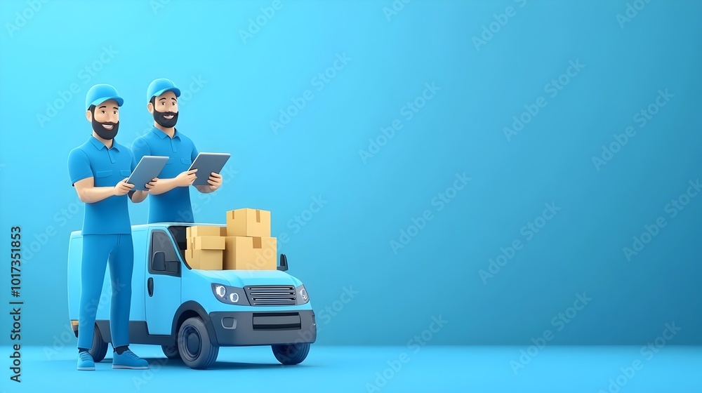 Coordinating Package Delivery with Tablet in Logistics Setting with Blue Uniforms Teamwork Highlighted in a Robotic Tone with Split Complementary Color Scheme Coordinating Package Delivery with Tablet in Logistics Setting with Blue Uniforms Teamwork Highlighted in a Robotic Tone with Split Complementary Color Scheme