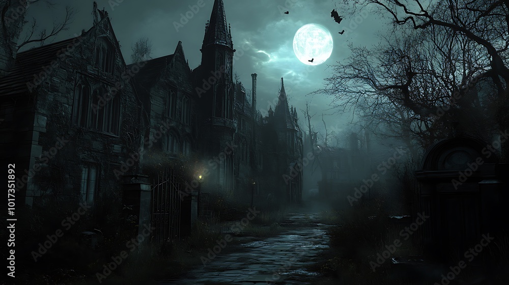 A dark, eerie landscape featuring an abandoned gothic structure. A dark, eerie landscape featuring an abandoned gothic structure.