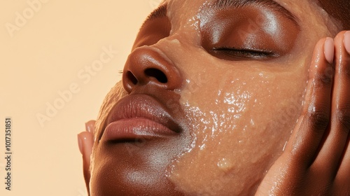 A woman with dry flaky skin applying a rich hydrating mask, focusing on her skin texture and the moisturizing process, with a soft warm background for skincare.