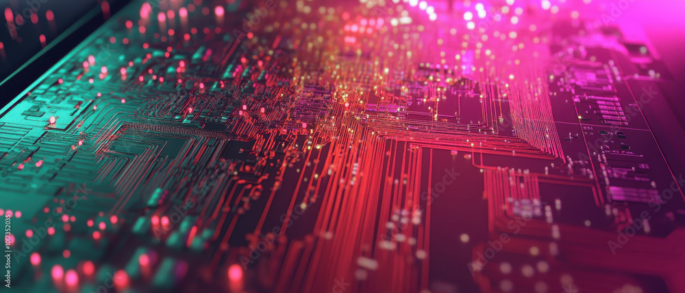 Fototapeta premium vibrant close up of circuit board showcasing data processing through intricate server chips, illuminated by colorful lights. image captures essence of technology and innovation