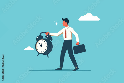 punctual and disciplined, a businessman walks confidently while carrying an alarm clock as a reminder of time