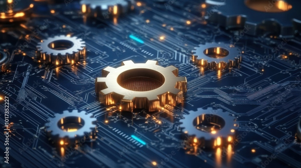 Obraz premium interconnected gears and circuitry symbolizing synergy between technology and business processes