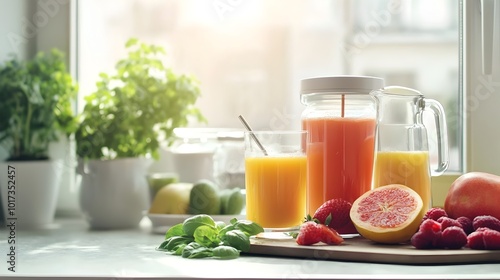 Vibrant eco friendly organic juicing station featuring an array of fresh colorful fruits in a modern minimalist kitchen design This image conveys a concept of healthy