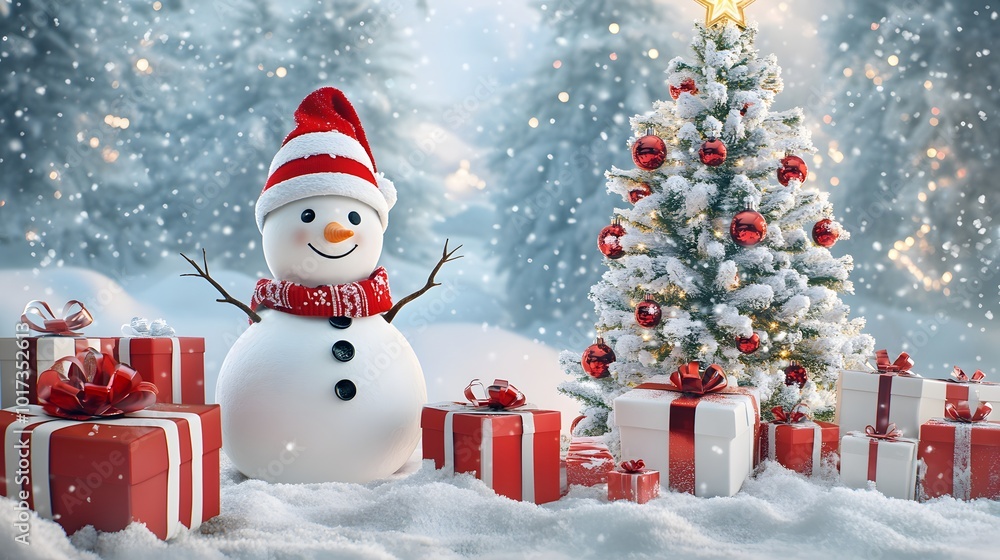 Obraz premium A Snowman Standing Beside a Snowy Christmas Tree with Presents