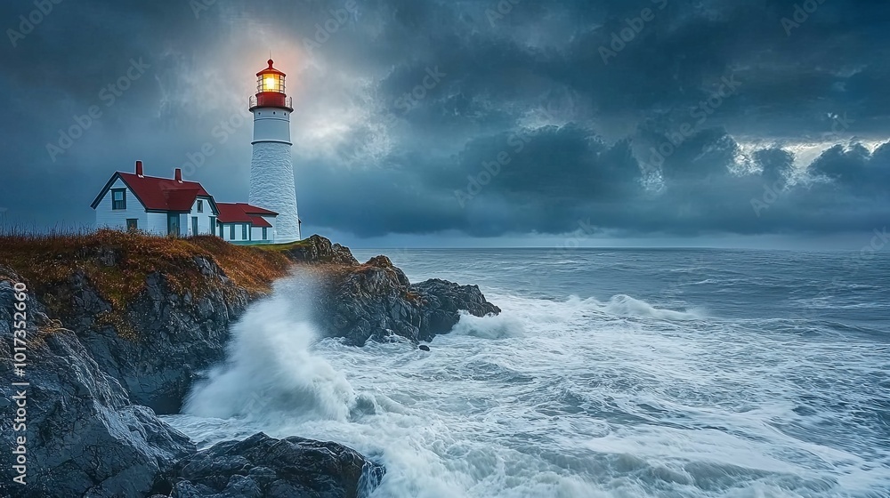 A Lighthouse Stands Tall Against a Stormy Sea A Lighthouse Stands Tall Against a Stormy Sea