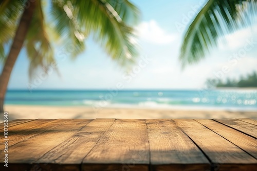 Wooden table on blurred beach background.