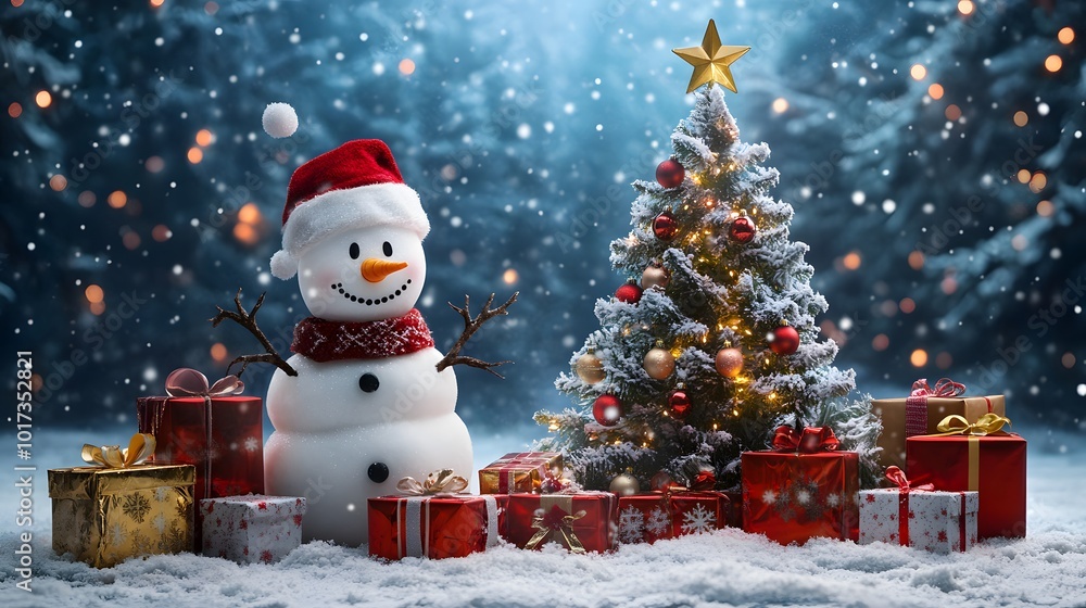 Snowman and Christmas Tree with Gifts in Snowy Forest Snowman and Christmas Tree with Gifts in Snowy Forest