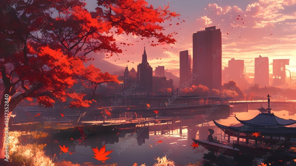 Cityscape at sunset with red leaves falling around a water pagoda perfect for travel, nature, landscape, and autumnthemed designs. Cityscape at sunset with red leaves falling around a water pagoda perfect for travel, nature, landscape, and autumnthemed designs.