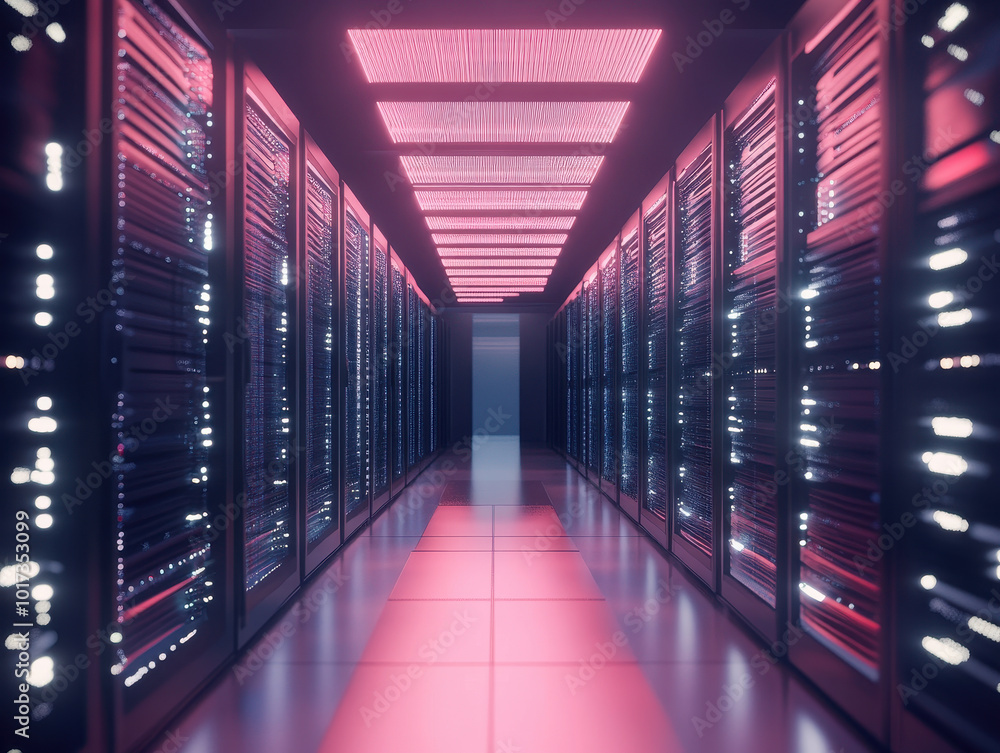 Fototapeta premium modern data center corridor illuminated by vibrant pink and white lights, showcasing rows of servers. atmosphere is high tech and futuristic, emphasizing importance of data security and processing