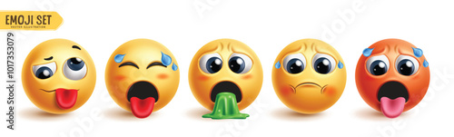 Emoji disgusted character vector set. Emojis 3d icon collection in nausea, vomit, disgusting, sick and hot facial expression graphic elements. Vector illustration emoticons exhausted face collection. 