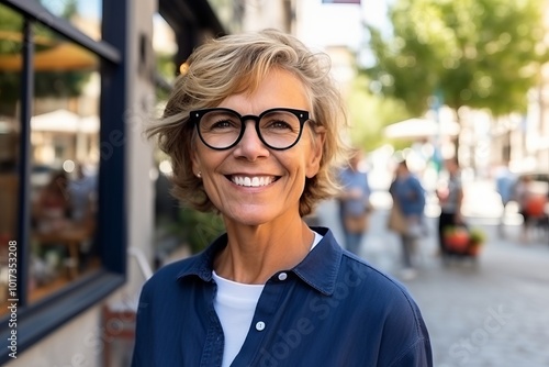 Portrait of a smiling senior woman with eyeglasses in the city