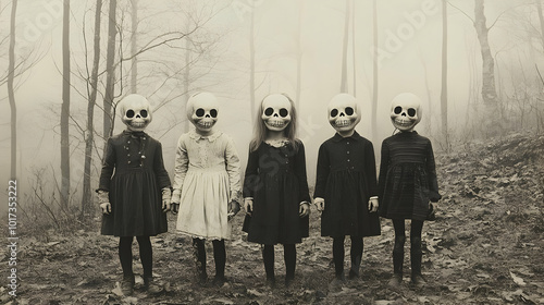 Five figures in eerie dresses with skull masks in a foggy forest. photo