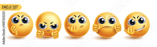Emoji dislike emoticon characters vector set. Emojis 3d face collection in hatred, boastful, despise, angry and mad facial expression character graphic elements. Vector illustration emojis hate 