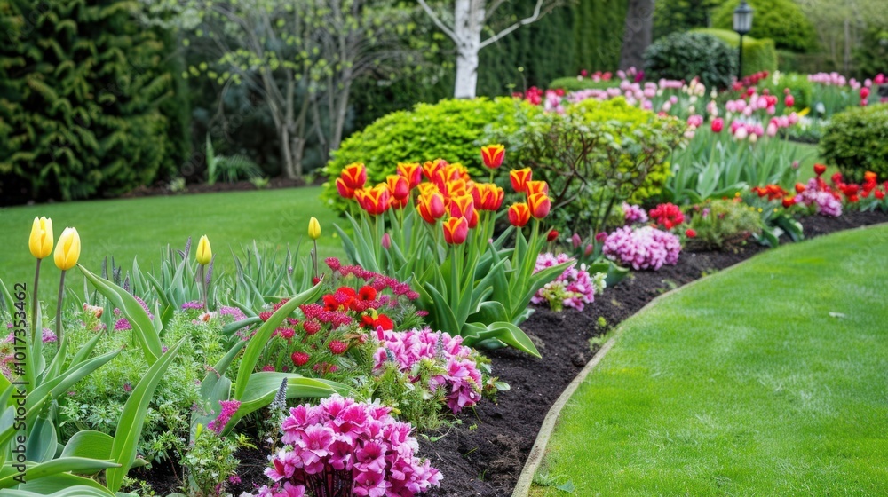 A row of colorful tulips in a garden. A row of colorful tulips in a garden.