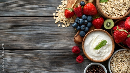 Tempting arrangement of wholesome organic breakfast items including grains fresh fruits and other seasonal produce displayed on a rustic wooden table with natural lighting