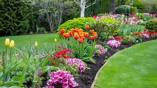 A row of colorful tulips in a garden.