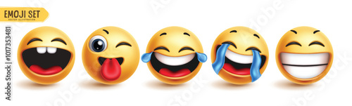 Emoji happy characters vector set. Emoticon 3d icon character in happy, funny, smiling, winking, laughing and naughty facial expression collection in white background. Vector illustration for graphic 
