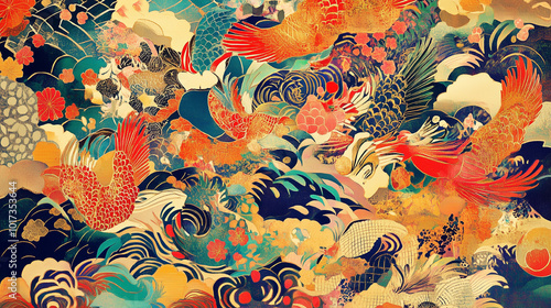 錦鯉と波模様の美｜日本画の伝統的色彩と優雅な水の流れ