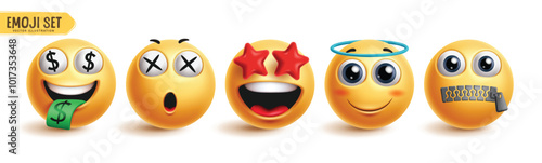 Emoji characters vector set. Emoticon 3d face collection in happy, rich, amaze, kind and quite facial expression emojis character in white background. Vector illustration graphic design elements.  
