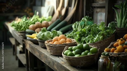 Vibrant Display of Fresh Organic Produce at Charming Rustic Market Stall with Natural Lighting Farm to Table Concept