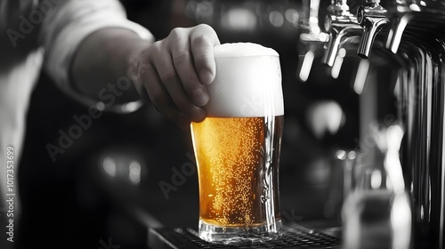 Side view of a bartender s hand pouring a large draft beer with an emphasis on the pouring action and the flow of the beer capturing the essence of bar life with a cybernetic photo