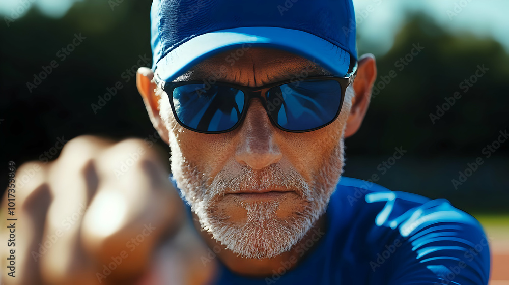 Focused older man in sunglasses and cap, pointing confidently. Focused older man in sunglasses and cap, pointing confidently.