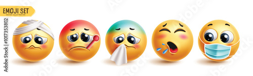 Emoji sick characters vector set. Emoticon face 3d character with illness, flu, fever, cough and sneezing yellow icon collection in white background. Vector illustration for graphic design elements. 
