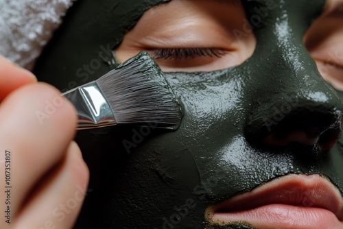 A portrait of a woman in a spa applying a green mud mask to her face with a brush, set against a blurred background of spa elements like candles and towels for relaxation and wellness. photo