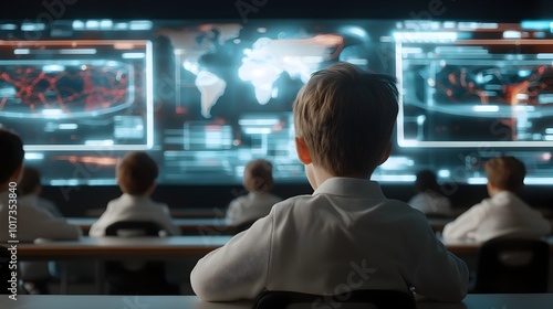 Futuristic AI powered digital education with advanced holographic learning tools in an immersive technology driven classroom setting