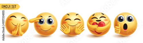 Emoji friendly emoticon characters vector set. Emojis yellow 3d character in happy, clapping, salute, waving, caring and approved icon poses collection. Vector illustration emoticons friendly graphic 