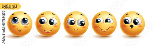 Emojis shy emoticon characters vector set. Emoji emoticons facial expression in happy, blush, smiling, cheerful and optimistic face character collection. Vector illustration emojis shy icon collection