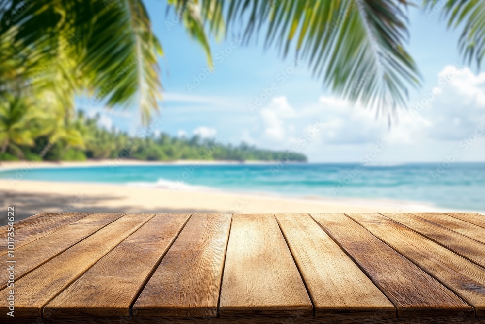 Wooden table top with blurry beach background. Wooden table top with blurry beach background.