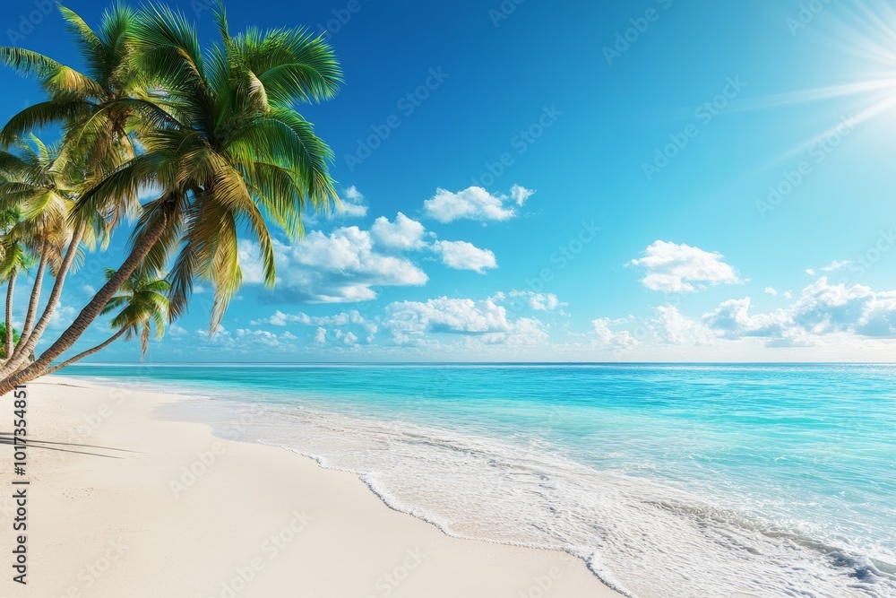 A tropical beach with palm trees, white sand, and clear turquoise water. A tropical beach with palm trees, white sand, and clear turquoise water.