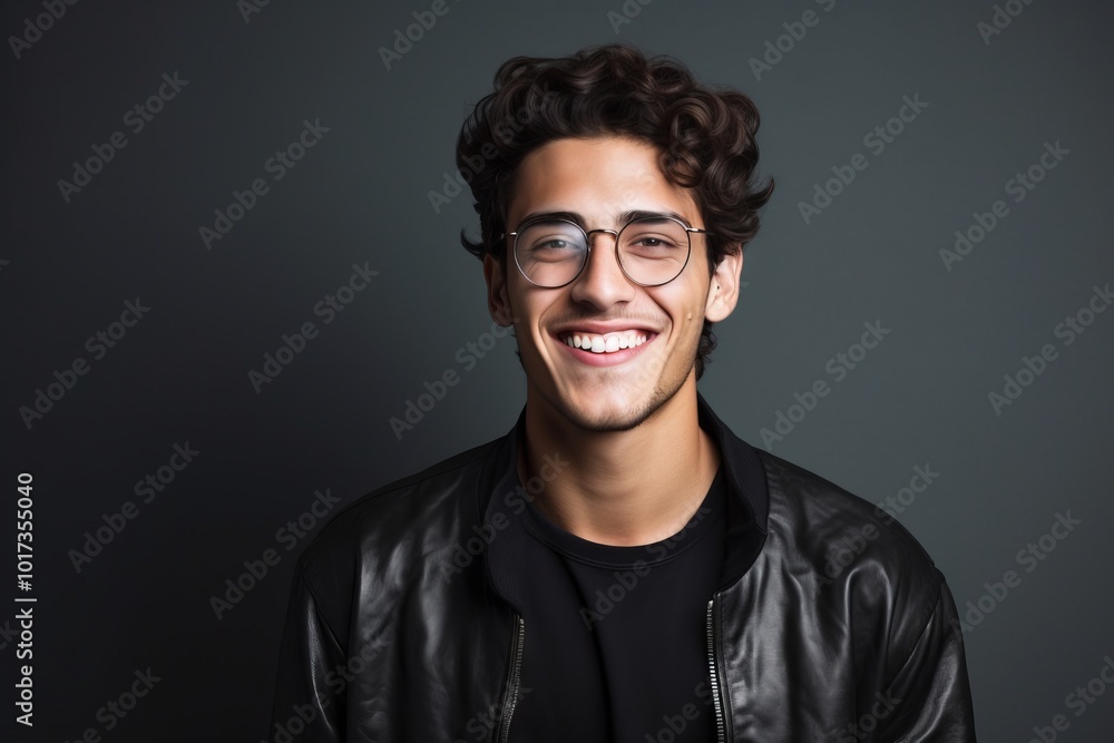 Portrait of a smiling young man in leather jacket and glasses. Portrait of a smiling young man in leather jacket and glasses.