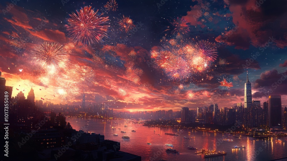 Fototapeta premium Fireworks over City Skyline