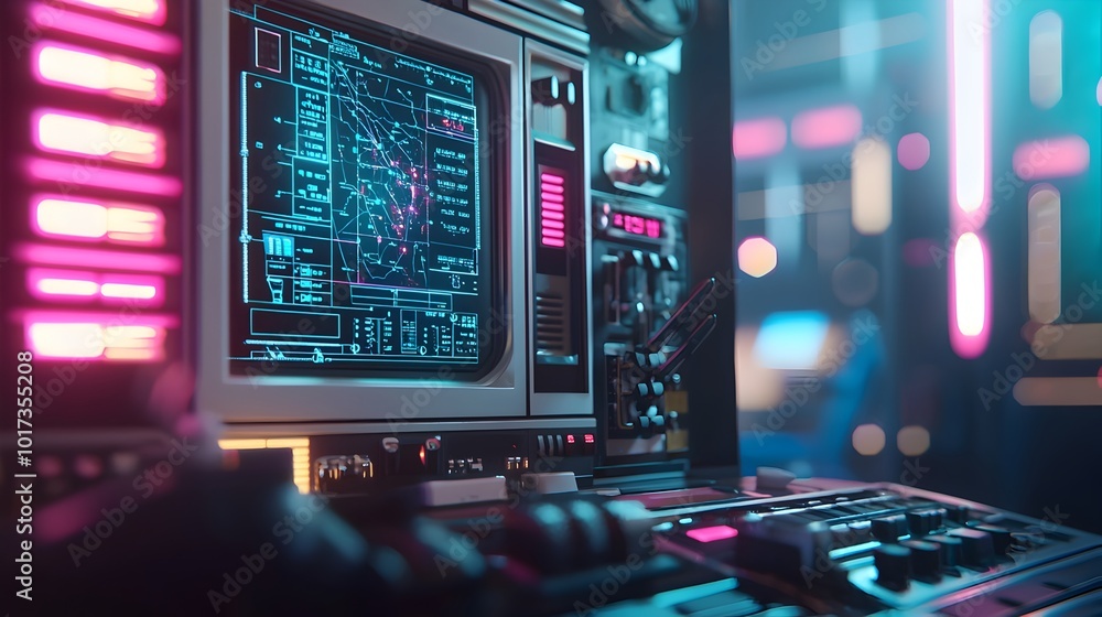 Fototapeta premium Futuristic spaceship with holographic star maps and neon lit control panel showcasing advanced technology for AI assisted space and discovery The image depicts a sleek