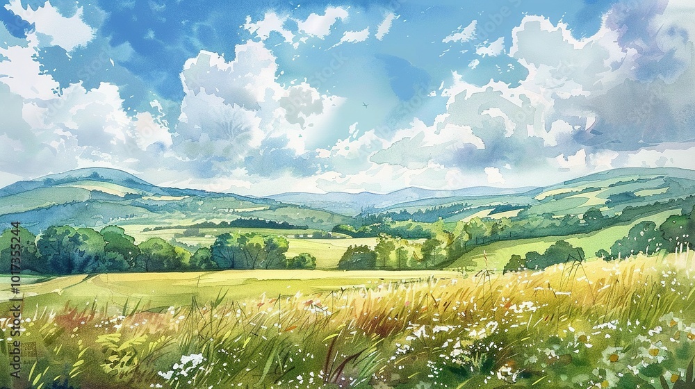 Fototapeta premium Summer Landscape Illustrated in Beautiful Watercolor Drawings